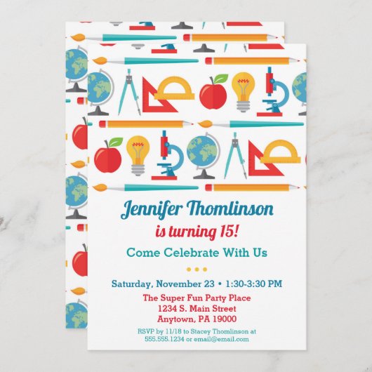 Schulthema Geburtstag Einladung Bildung Lehrerin (Vorne/Hinten)