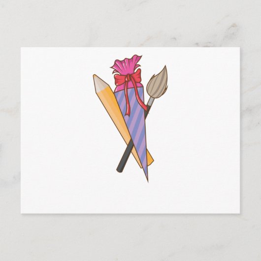 Schultüte mit Pinsel und Buntstift Postkarte (Vorderseite)