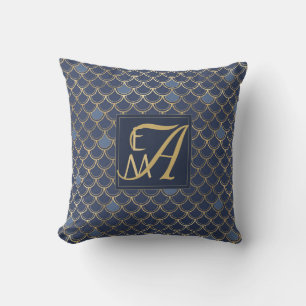 Schuppen der Meerjungfrau Monogramm Navy Blau Gold Kissen