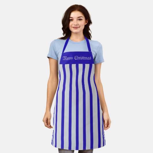 Schürze Cafe Blue und Silver Stripe Frohe Weihnach (Getragen)