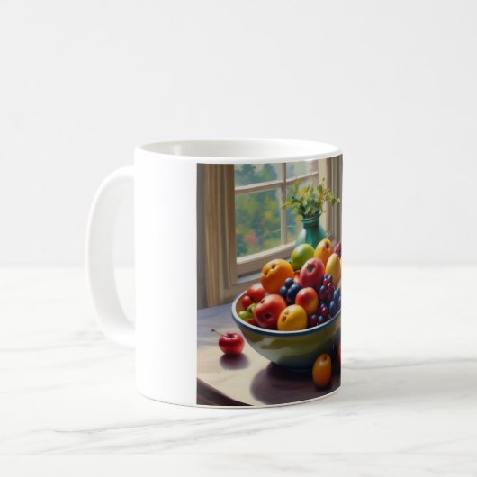 Schüssel mit Obst auf Tisch klassische Ölmalerei Kaffeetasse (Vorderseite Links)