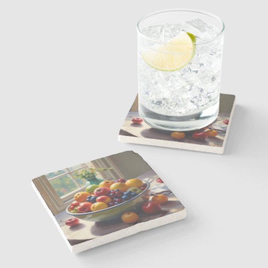 Schüssel mit Obst auf Tisch klassische Ölmalerei Steinuntersetzer (Seitenansicht)