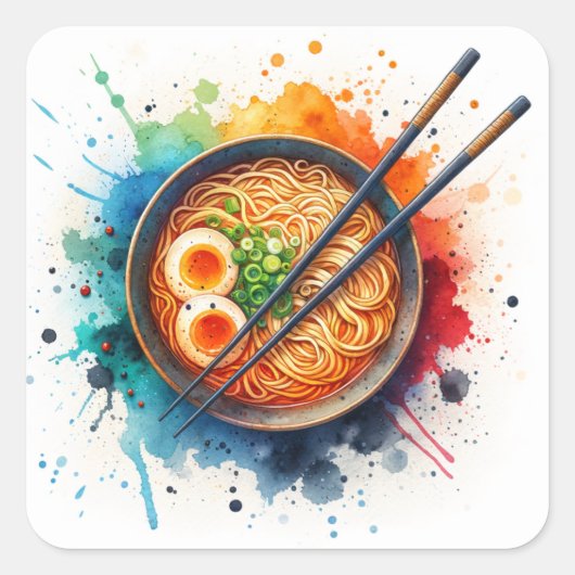 Schüssel Ramen Noodles, Ei und Chopsticks Quadratischer Aufkleber (Vorderseite)