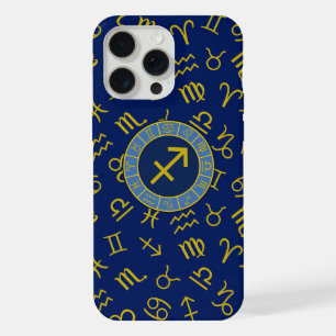 Schütze Zodiac+Astrologie-Symbole Ptn Gld+Blau iPhone 15 Pro Max Hülle