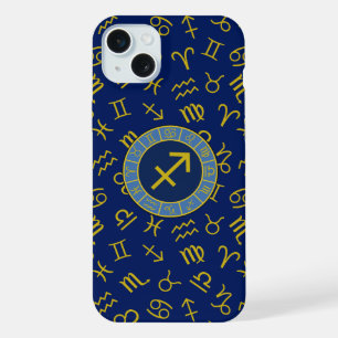 Schütze Zodiac+Astrologie-Symbole Ptn Gld+Blau iPhone 15 Plus Hülle