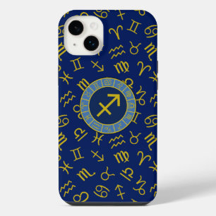 Schütze Zodiac+Astrologie-Symbole Ptn Gld+Blau iPhone 14 Plus Hülle