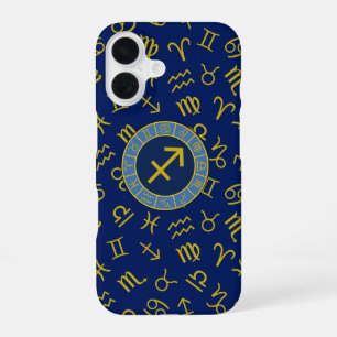 Schütze Zodiac+Astrologie-Symbole Ptn Gld+Blues iPhone 16 Hülle