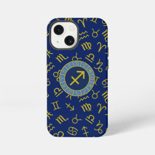 Schütze Zodiac+Astrologie-Symbole Ptn Gld+Blues iPhone 13 Mini Hülle