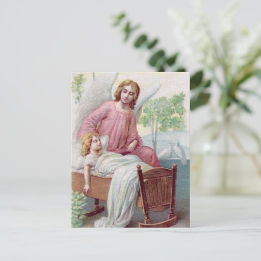Schutzengel, Mädchen und Wiege Postkarte (Stehend Vorderseite)