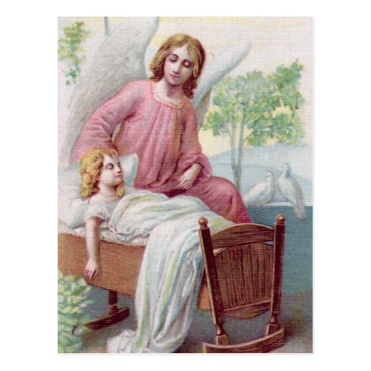 Schutzengel, Mädchen und Wiege Postkarte