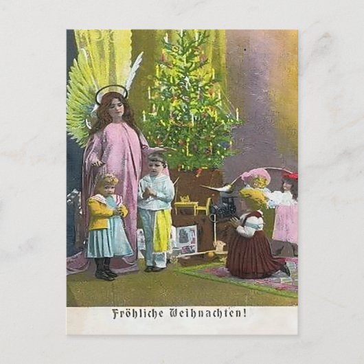 Schutzengel mit Kindern & beleuchteter Tanne Postkarte (Vorderseite)