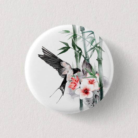 Schwalbe mit Bambus und Blumen  Button (Vorderseite)