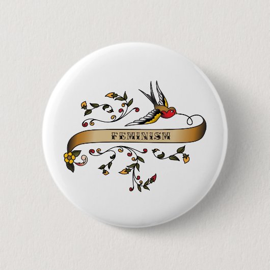 Schwalbe und Rolle mit dem Feminismus Button (Vorderseite)