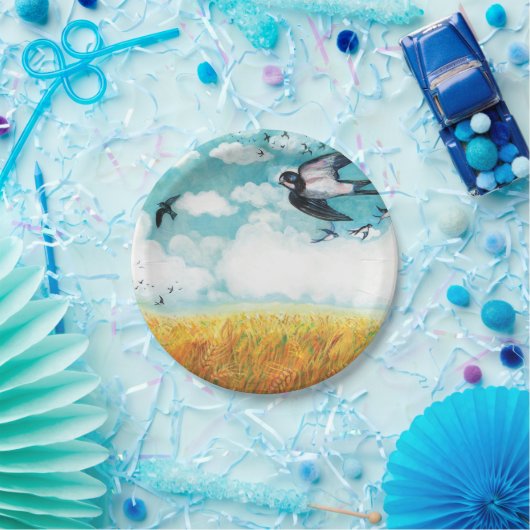 Schwalben, die über Weizenfeld fliegen Pappteller (Party)