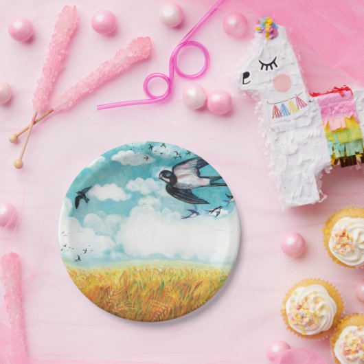 Schwalben, die über Weizenfeld fliegen Pappteller (Party)