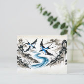 Schwalben durch den Himmel in chinesischer Tinte Postkarte (Stehend Vorderseite)