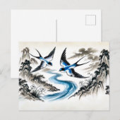 Schwalben durch den Himmel in chinesischer Tinte Postkarte (Vorne/Hinten)