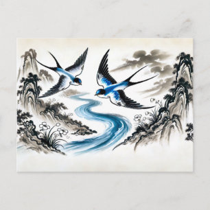 Schwalben durch den Himmel in chinesischer Tinte Postkarte