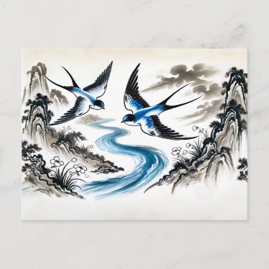 Schwalben durch den Himmel in chinesischer Tinte Postkarte (Vorderseite)