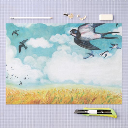 Schwalben fliegen über blauem Himmel Seidenpapier (Handwerk)