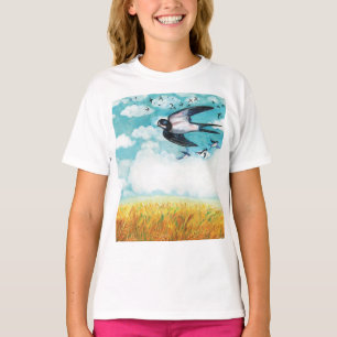 Schwalben über ein Weizenfeld Illustration Girls T-Shirt