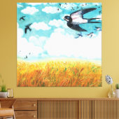 Schwalben über einem Weizenfeld Illustration Leinwanddruck (Insitu (Wohnzimmer))