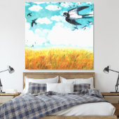 Schwalben über einem Weizenfeld Illustration Leinwanddruck (Insitu (Schlafzimmer))