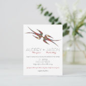 Schwalben und farbenfrohe Frühlingsblumen Hochzeit Einladung (Stehend Vorderseite)