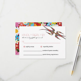 Schwalben und farbenfrohe Frühlingsblumen Hochzeit RSVP Karte