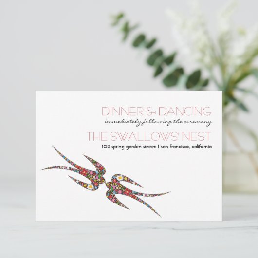 Schwalbenblumen küssen Hochzeitsempfang Begleitkarte (Stehend Vorderseite)