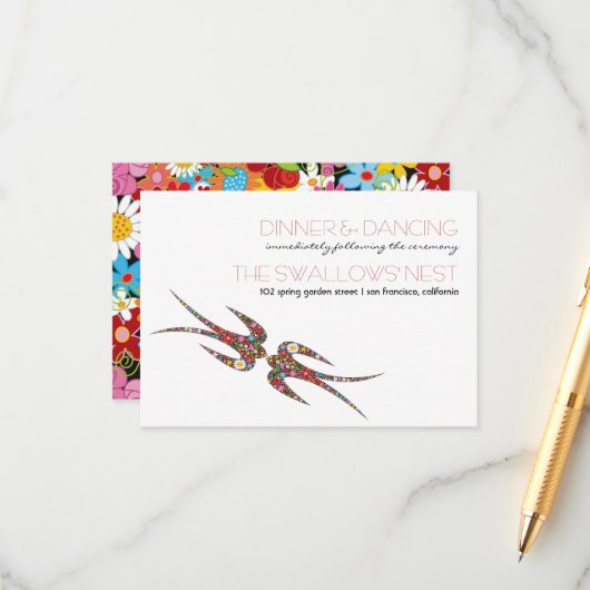 Schwalbenblumen küssen Hochzeitsempfang Begleitkarte (Vorderseite/Rückseite Beispiel)