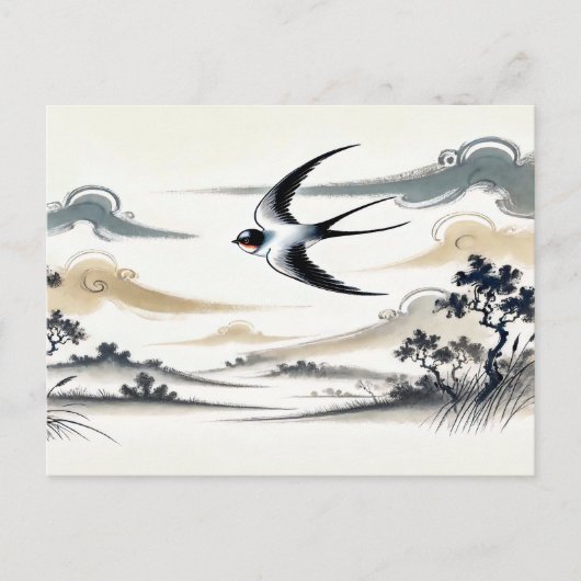 Schwalbengruppe, die durch den Himmel in China auf Postkarte (Vorderseite)