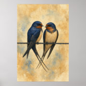 Schwalbenpaar auf einem Draht Aquarell Poster (Vorne)