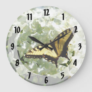 Schwalbenschwanz auf weißer Hortensie Große Wanduhr