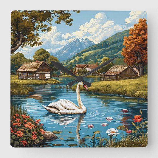 Schwan am See Quadratische Wanduhr (Vorderseite)