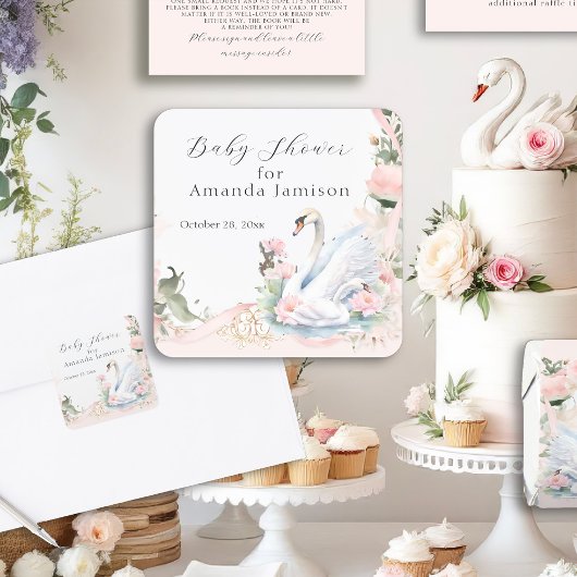 Schwan Elegant Blush Pink Ribbon Baby Dusche Quadratischer Aufkleber