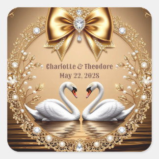 💎 Schwan-Hochzeit Gold Romantisches Thema 🦢 Quadratischer Aufkleber
