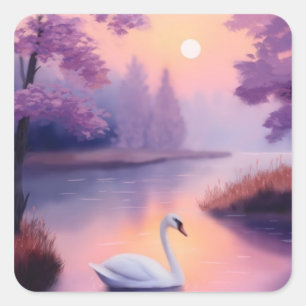 Schwan im Teich während des Sonnenuntergangs Quadratischer Aufkleber