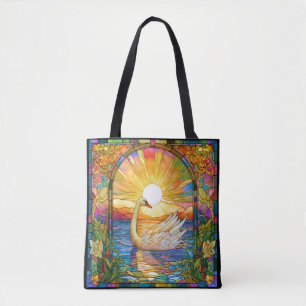 Schwan in der Abendsonne Buntglas Kunst Tasche