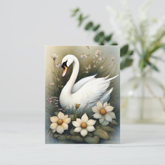 Schwan mit Blume Postkarte (Stehend Vorderseite)