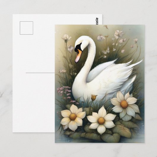 Schwan mit Blume Postkarte (Vorne/Hinten)