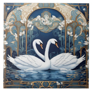 Schwan-Paar Art Nouveau Vogel Art Deco Blau Fliese