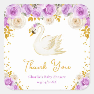 Schwan Purpur Gold Rosen Baby Shower Dankeschön Quadratischer Aufkleber