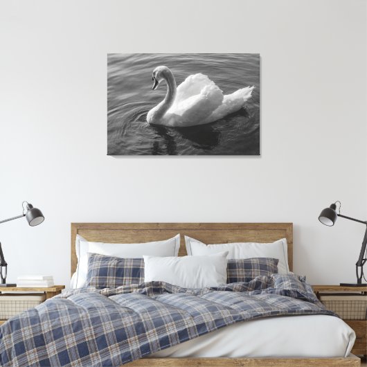Schwan. Roath Park Lake, Cardiff, Wales B&W Leinwanddruck (Insitu (Schlafzimmer))