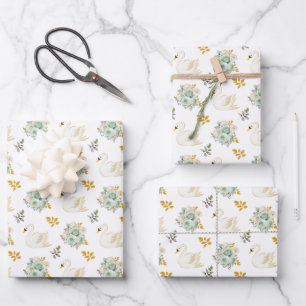 Schwan-Sage-Grün und Gold-Blumenrosen Geschenkpapier Set