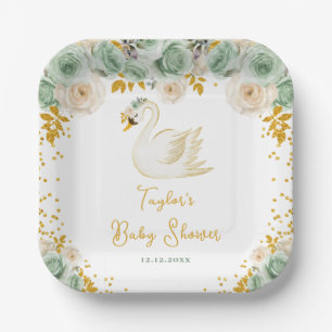 Schwan-Sage-Grün und Goldrosen-Baby-Shower Pappteller