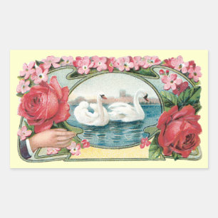 Schwan-und Rosen-Vintage Kunst-Aufkleber Rechteckiger Aufkleber