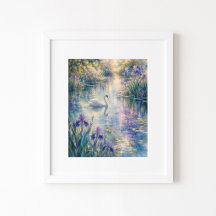 Schwan unter Schwertlilien Wasserfarben Kunst Druc