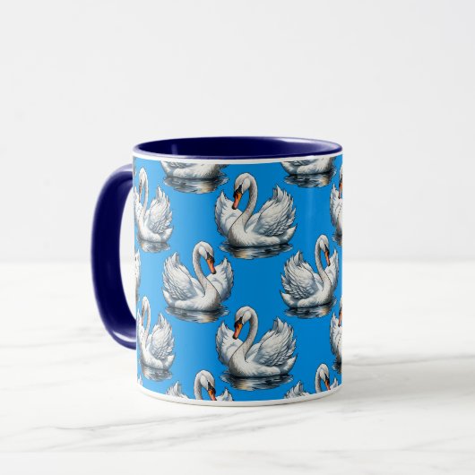Schwan-Vögel Musterdesign auf Blau Tasse (Vorderseite Links)