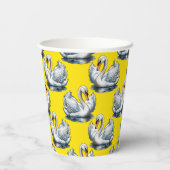Schwan-Vögel Musterdesign auf Gelb  Pappbecher (Rückseite)